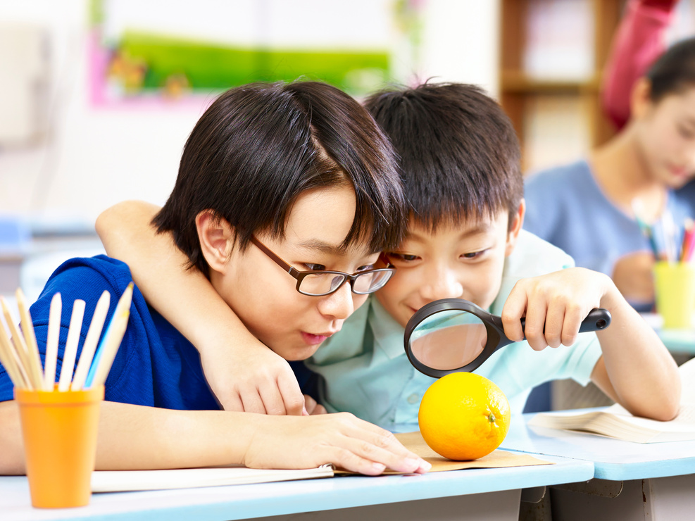 playful asian elementary school students